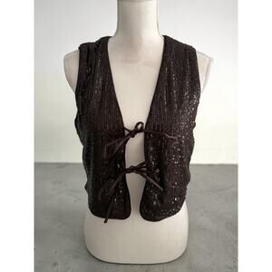 RACHEL ZOE Brown Sequin Tie Front Vest Size Medium NEW NWT